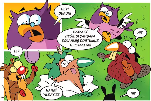 Çizgi romandan bir kare: Fındık, Fıstık, Bilge Baykuş, Tepetaklak ve Dişlek bir arada.