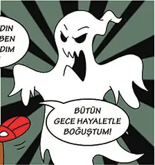 Çizgi romandan bir kare: Hayalet, “Bütün gece hayaletle boğuştum!” diyor.